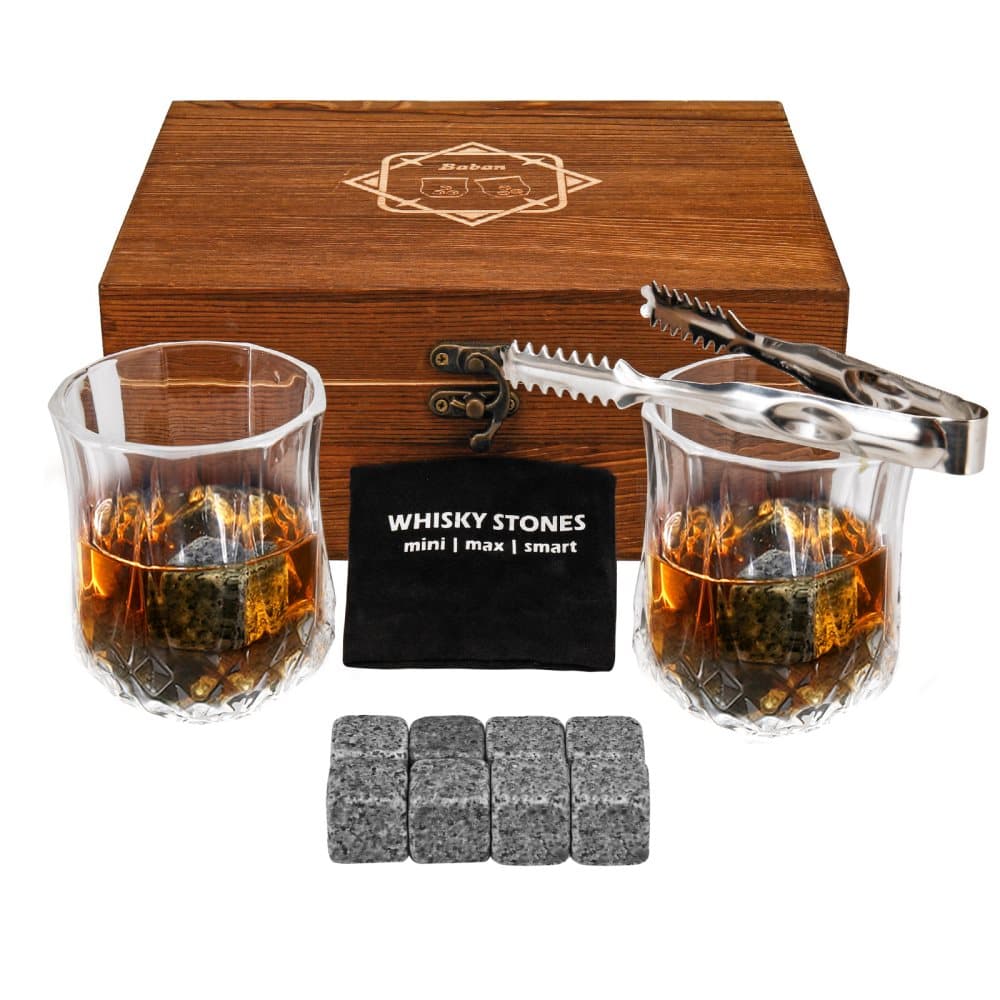 Whiskey Stones & Glasses Gift Set, 2 Whiskey Glasses och 8 Granite Chilling Stone i trälåda, Whiskey Set med förvaringspåse / istång, gåva