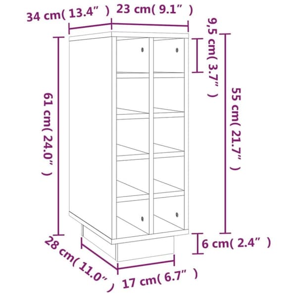 vidaXL vinreol 23x34x61 cm massivt fyrretræ