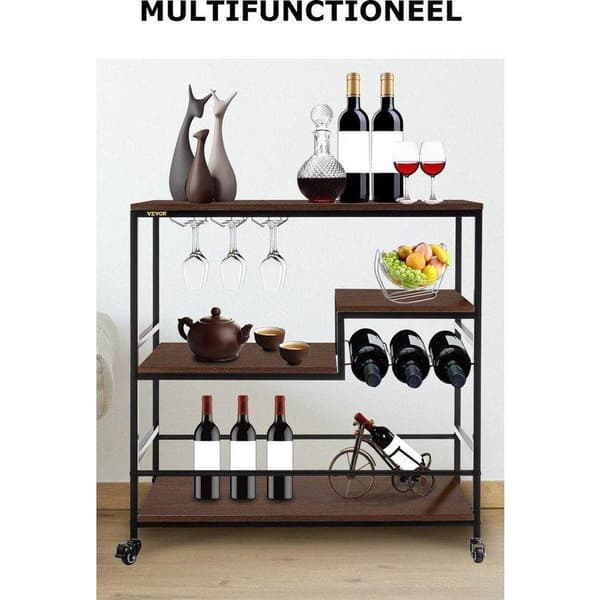 Industrial Wine Rack - 3 Tier - Shopping Cart - On Wheels - Glass Holder - Brown