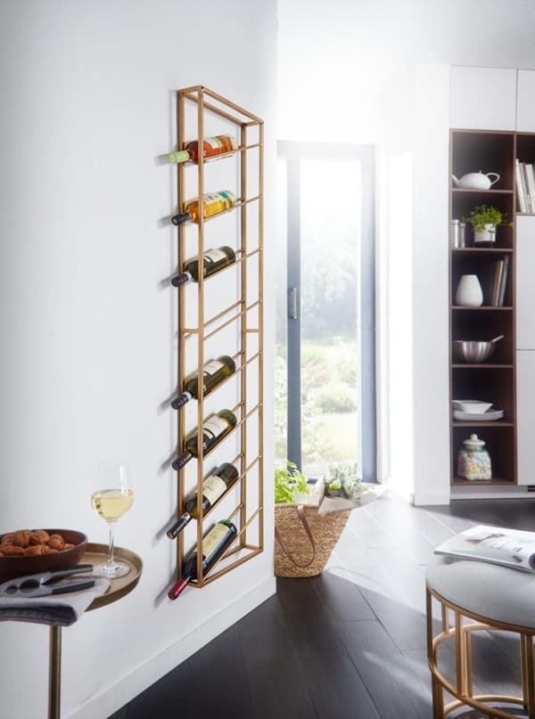 Rootz stativ væg metal guld 36x150x8 cm stor til 8 flasker - Design væghylde til køkkenet - Flaskestativ Hængende Smal Vægmonteret