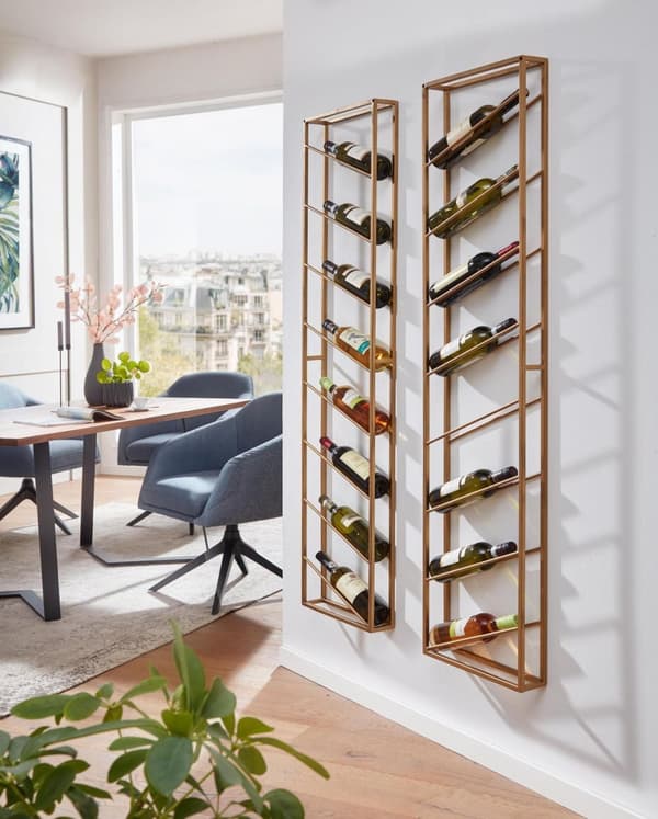 Rootz stativ væg metal guld 36x150x8 cm stor til 8 flasker - Design væghylde til køkkenet - Flaskestativ Hængende Smal Vægmonteret