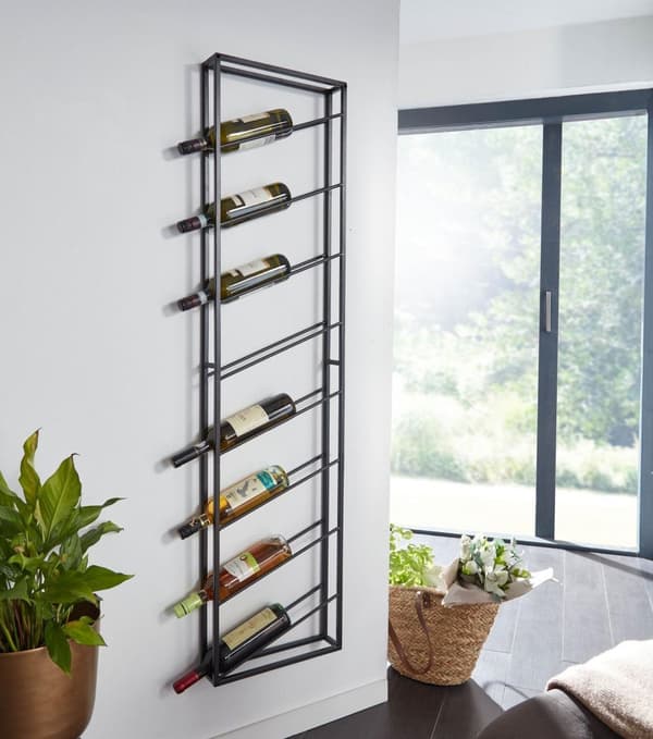 Rootz seinähylly metalli musta 36x150x8 cm iso 8 pullolle - Design seinähylly keittiöön - Pulloteline Ripustettava Kapea Seinäasennus