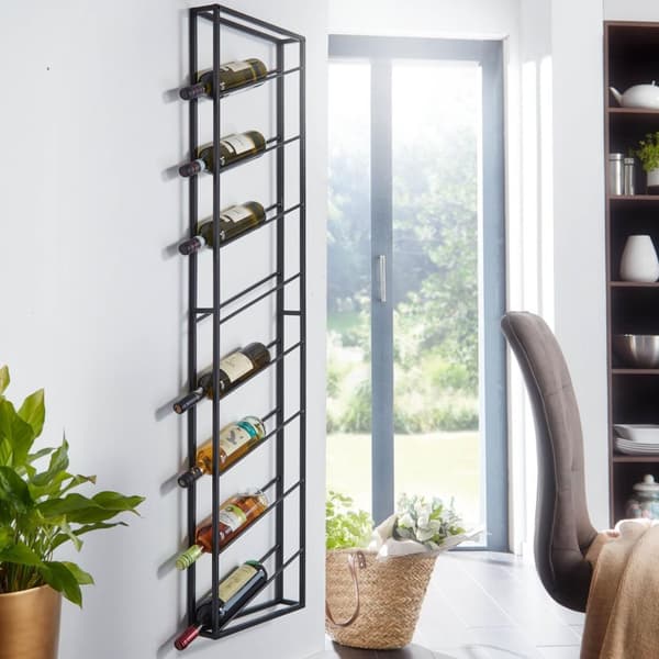 Rootz seinähylly metalli musta 36x150x8 cm iso 8 pullolle - Design seinähylly keittiöön - Pulloteline Ripustettava Kapea Seinäasennus