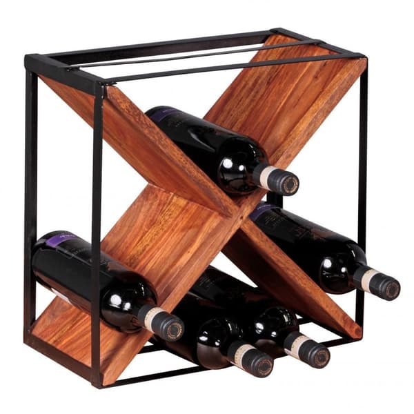 Rootz-viiniteline Massiivipuinen Sheesham Wine Rack Telinehylly noin 16 pullolle metallirunkoinen puuhylly X-muotoinen