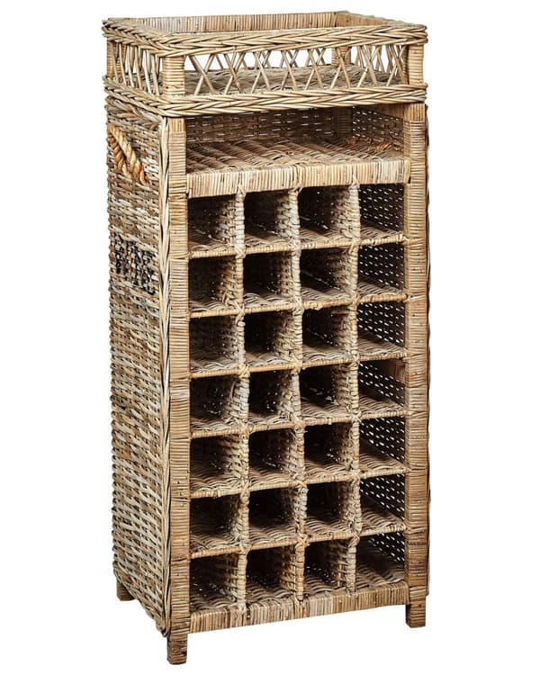 Vinreol Rattan Træ 112 cm Reol til Vin Dekoration til Hjemmet Stuen Vinholder med Bakke