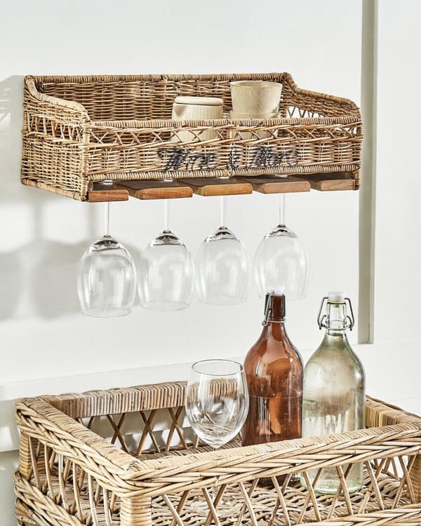 Vegghylle Glass Vinholder Naturlig rotting Metall Teak Tre Tau Håndlaget Boho Stil Hjemmedekorasjon
