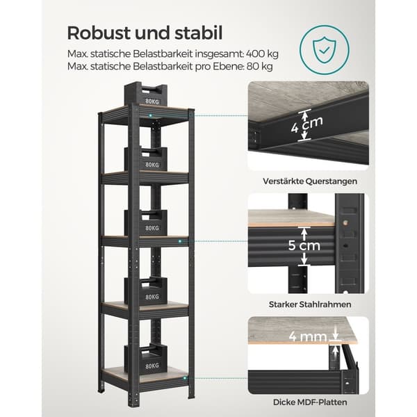 Rootz 3 Tier Greige musta seisova hylly - terästä, MDF säilytysteline - Heavy Duty - 37cm x 37cm x 150cm - 6,3kg - 400kg Kapasiteetti