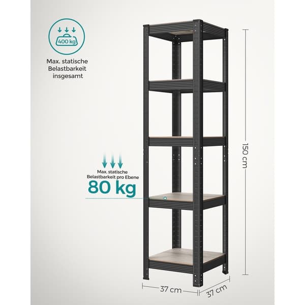 Rootz 3 Tier Greige musta seisova hylly - terästä, MDF säilytysteline - Heavy Duty - 37cm x 37cm x 150cm - 6,3kg - 400kg Kapasiteetti