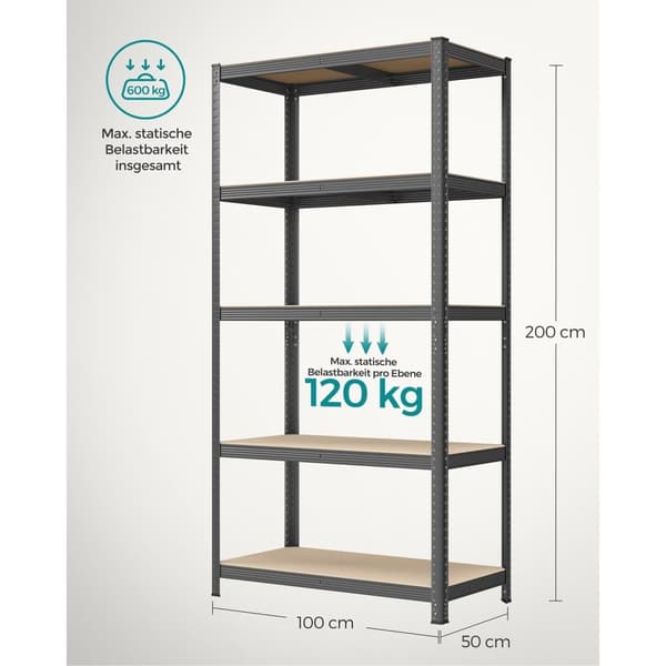 Rootz 2-hylde grå opbevaringsstativ - Kraftige metalreoler - Stålramme - 50 cm x 100 cm x 200 cm - Max 600 kg bæreevne