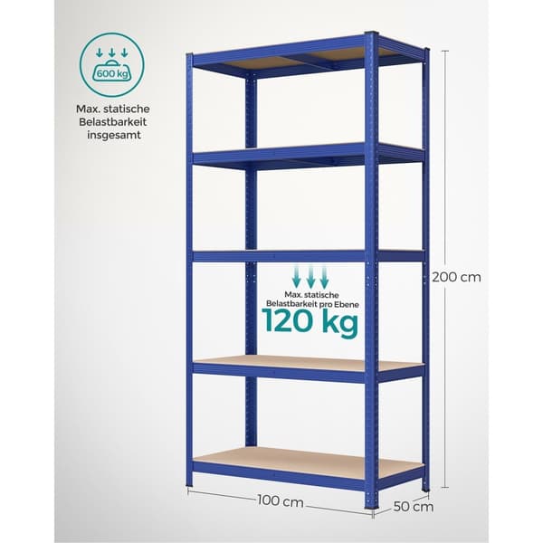 Rootz Blue -säilytysteline - hyllyyksikkö - metallitelineet - Heavy Duty - 50 cm x 100 cm x 200 cm - Seinäasennus - 600 kg:n staattinen kantavuus