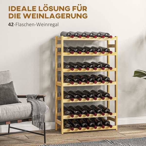 Rootz vinreol - 7-lags vinopbevaring - 42 flasker Kapacitet - Fyrretræ - Bondehusdesign - Lakeret overflade - Spidsbeskyttelse - 63 cm x 25 cm x 102 c