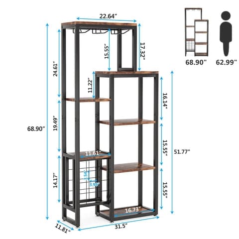 Rootz Industriel Vinreol - Opbevaringshylder - Vinglasholder - Holder til 12 flasker - 80 cm B x 30 cm D x 175 cm H
