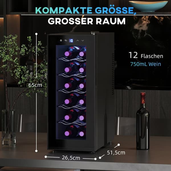 Rootz 12 Bottle Viini -jääkaappi - Juomakerta - Juomajäähdytin - Energiatehokas - 26,5 cm W x 51,5 cm D x 65 H cm - kosketusnäyttö ja LED -valo