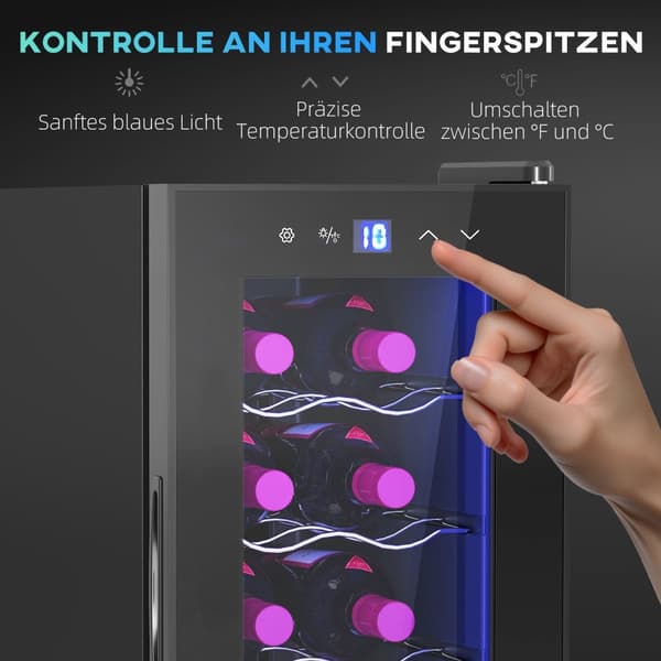 Rootz 12 Bottle Viini -jääkaappi - Juomakerta - Juomajäähdytin - Energiatehokas - 26,5 cm W x 51,5 cm D x 65 H cm - kosketusnäyttö ja LED -valo