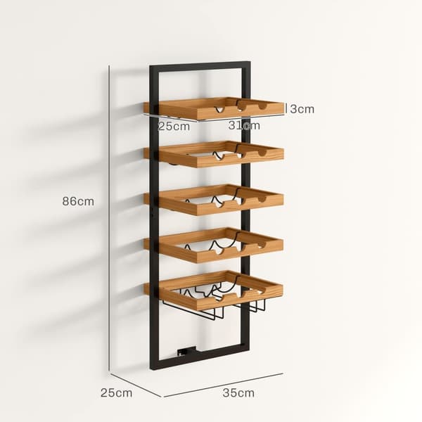 Rootz Wall Wine Rack - Flaskeholder - Glasholder - Rumbesparende design - 35 cm x 25 cm x 86 cm - Pine Steel Home Bar Kitchen Brown