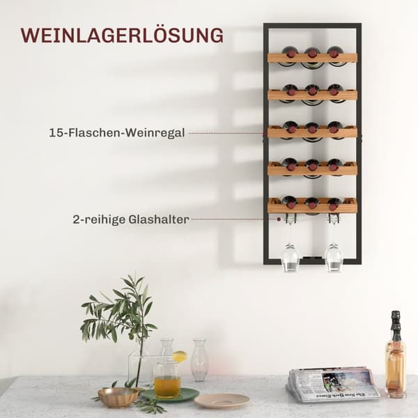Rootz Wall Wine Rack - Flaskeholder - Glasholder - Rumbesparende design - 35 cm x 25 cm x 86 cm - Pine Steel Home Bar Kitchen Brown