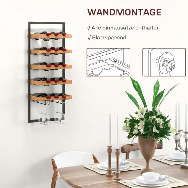 Rootz Wall Wine Rack - Flaskeholder - Glasholder - Rumbesparende design - 35 cm x 25 cm x 86 cm - Pine Steel Home Bar Kitchen Brown