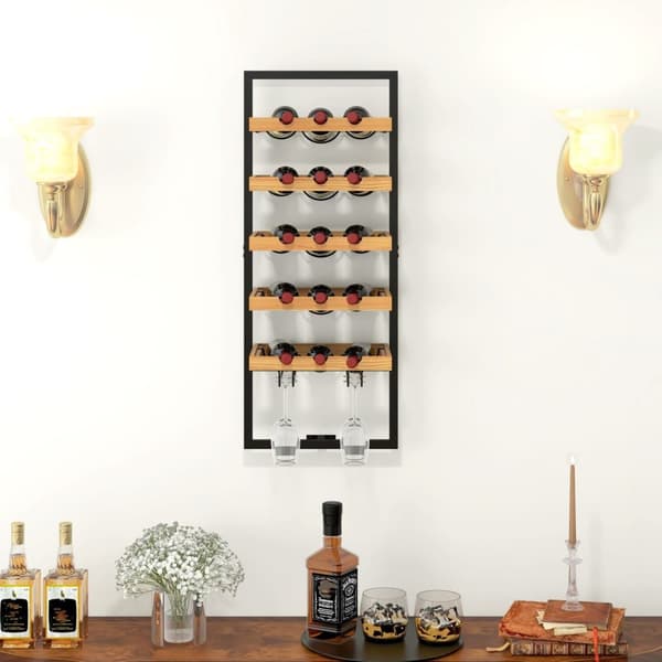 Rootz Wall Wine Rack - Flaskeholder - Glasholder - Rumbesparende design - 35 cm x 25 cm x 86 cm - Pine Steel Home Bar Kitchen Brown