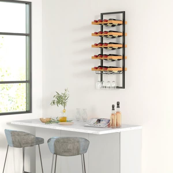 Rootz Wall Wine Rack - Flaskeholder - Glasholder - Rumbesparende design - 35 cm x 25 cm x 86 cm - Pine Steel Home Bar Kitchen Brown