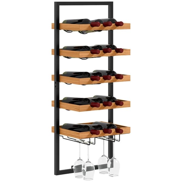 Rootz Wall Wine Rack - Flaskeholder - Glasholder - Rumbesparende design - 35 cm x 25 cm x 86 cm - Pine Steel Home Bar Kitchen Brown