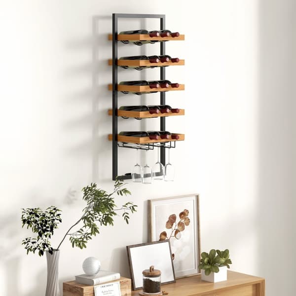 Rootz Wall Wine Rack - Flaskeholder - Glasholder - Rumbesparende design - 35 cm x 25 cm x 86 cm - Pine Steel Home Bar Kitchen Brown