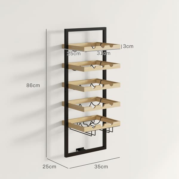 Rootz Wall Montered Wine Rack - Bottle Rack - Wine Holder - Space Saver - 35 x 25 x 86 cm - Pine Wood Natural Finish