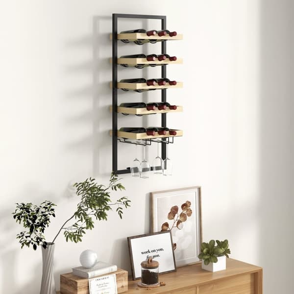 Rootz Wall Montered Wine Rack - Bottle Rack - Wine Holder - Space Saver - 35 x 25 x 86 cm - Pine Wood Natural Finish