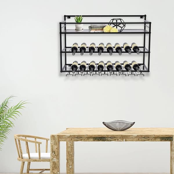 Vægmonteret vinreol, 3 niveauer af opbevaring, 30 kg belastningsevne, inkluderer vinglasholdere