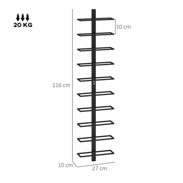 Rootz Wine Rack - Wall Shelf - Bottle Holder - Rumbesparende - 27 cm x 10 cm x 116 cm - 10 flaske kapacitet - Black Metal Construction