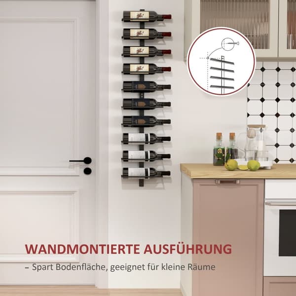 Rootz Wine Rack - Wall Shelf - Bottle Holder - Rumbesparende - 27 cm x 10 cm x 116 cm - 10 flaske kapacitet - Black Metal Construction