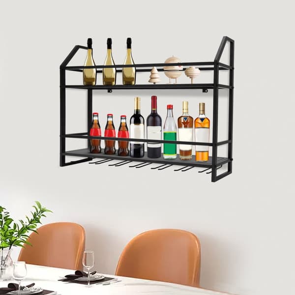 Vægmonteret vinreol, holder 12 flasker, 7 glas kroge, moderne design
