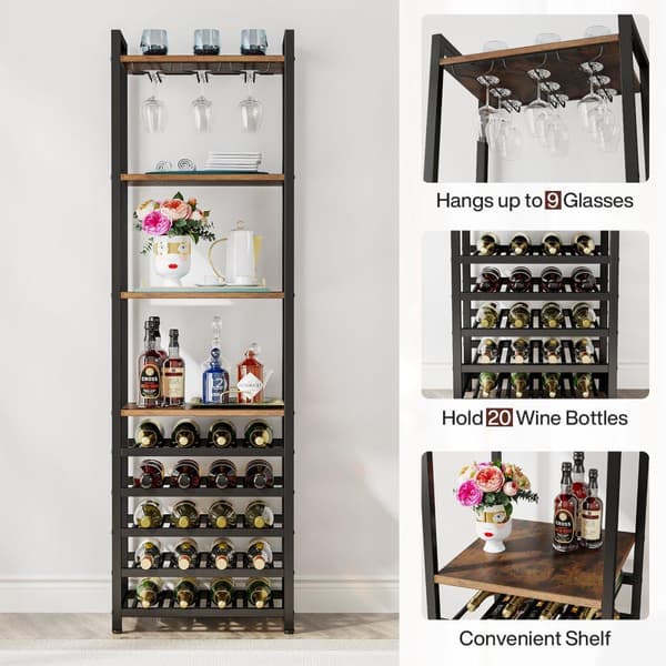 Tribesigns Wine Rack with Glass Holder - 9 kerroksinen viiniteline 20 pullolle - Pulloteline - Pystyteline - Industrial - 45 x 35 x 180 cm