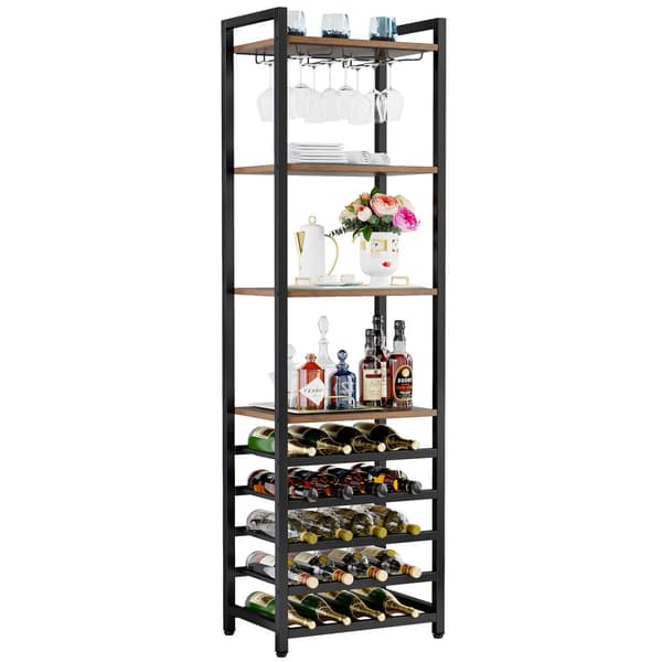 Tribesigns Wine Rack with Glass Holder - 9 kerroksinen viiniteline 20 pullolle - Pulloteline - Pystyteline - Industrial - 45 x 35 x 180 cm Ruskea