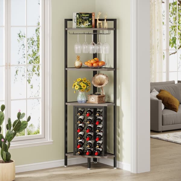 Tribesigns Wine Rack with Glass Holder - 4-tasoinen kulmaviiniteline 18 pullolle - Pulloteline - Industrial - 40 x 40 x 160 cm