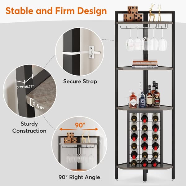 Tribesigns Wine Rack with Glass Holder - 4-tasoinen kulmaviiniteline 18 pullolle - Pulloteline - Industrial - 40 x 40 x 160 cm