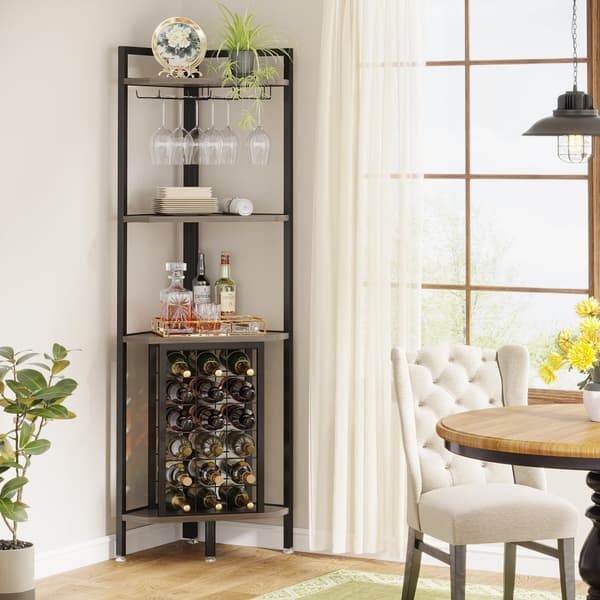 Tribesigns Wine Rack with Glass Holder - 4-tasoinen kulmaviiniteline 18 pullolle - Pulloteline - Industrial - 40 x 40 x 160 cm Harmaa