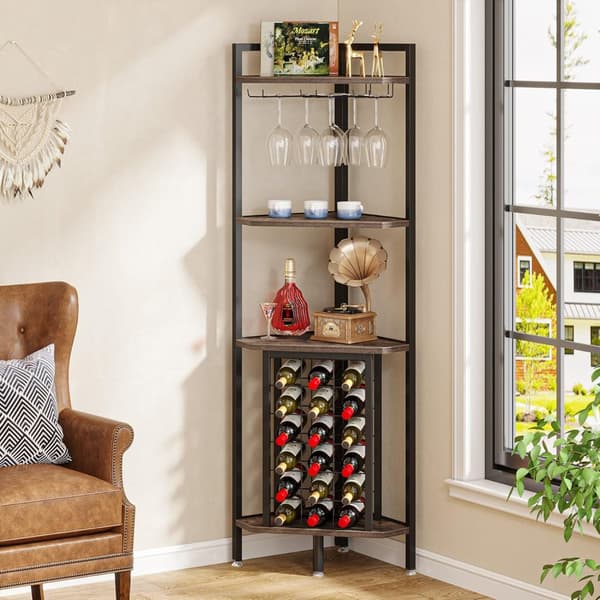 Tribesigns Wine Rack with Glass Holder - 4-tasoinen kulmaviiniteline 18 pullolle - Pulloteline - Industrial - 40 x 40 x 160 cm