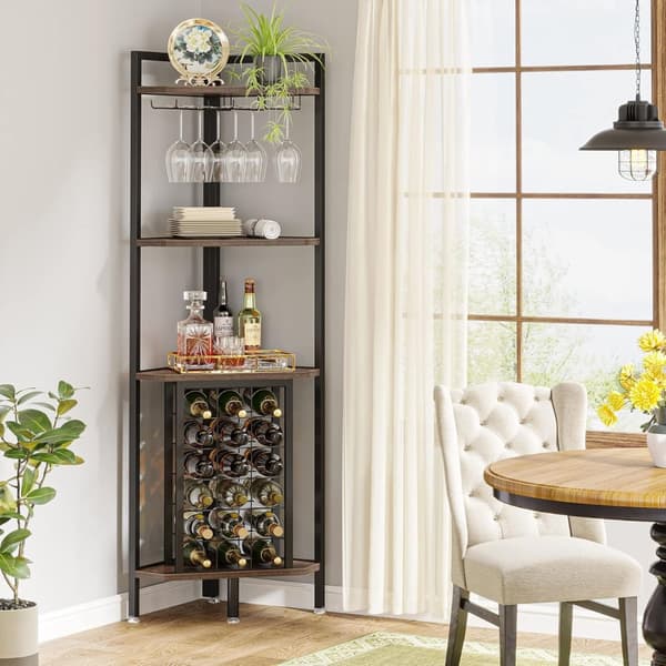 Tribesigns Wine Rack with Glass Holder - 4-tasoinen kulmaviiniteline 18 pullolle - Pulloteline - Industrial - 40 x 40 x 160 cm