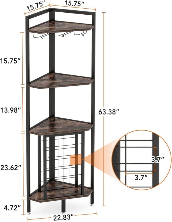 Tribesigns Wine Rack with Glass Holder - 4-tasoinen kulmaviiniteline 18 pullolle - Pulloteline - Industrial - 40 x 40 x 160 cm