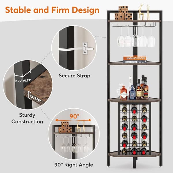 Tribesigns Wine Rack with Glass Holder - 4-tasoinen kulmaviiniteline 18 pullolle - Pulloteline - Industrial - 40 x 40 x 160 cm