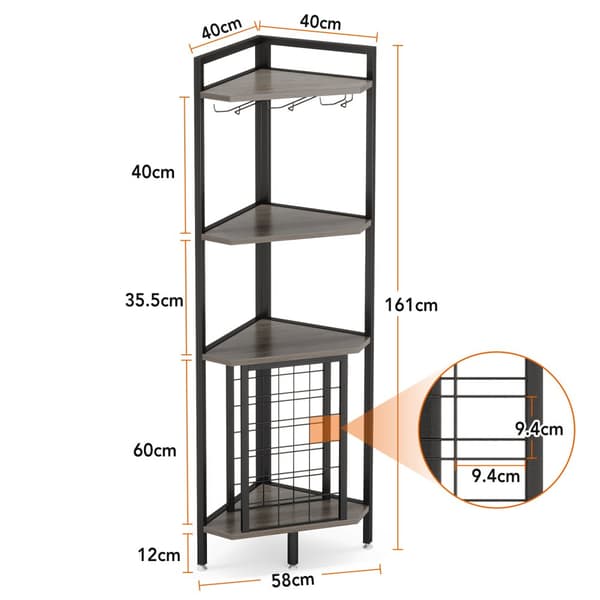 Tribesigns Wine Rack with Glass Holder - 4-tasoinen kulmaviiniteline 18 pullolle - Pulloteline - Industrial - 40 x 40 x 160 cm