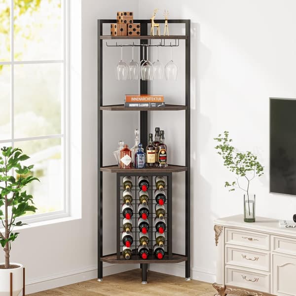 Tribesigns Wine Rack with Glass Holder - 4-tasoinen kulmaviiniteline 18 pullolle - Pulloteline - Industrial - 40 x 40 x 160 cm