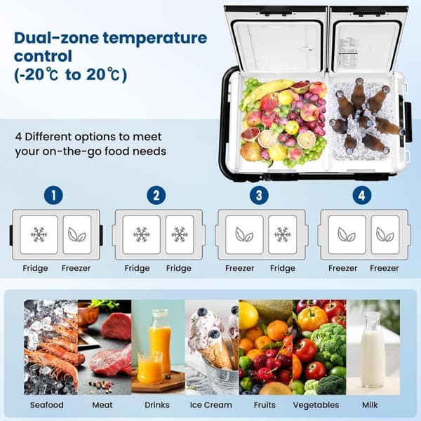 Rootz 2 Zone Compressor Cool Box - Sähköautojääkaappi - Kannettava Camping Pakastin - Akun suojaus - 30L/40L/50L - 12V/24V - APP-ohjattu - 20°C Jäähdy