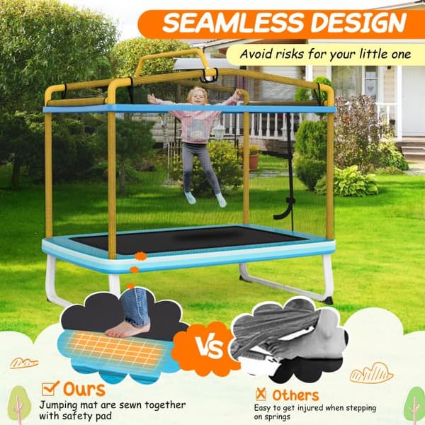 Børne trampolin med sikkerhedsnet og vandret stang, 190x124x172 cm, Gul