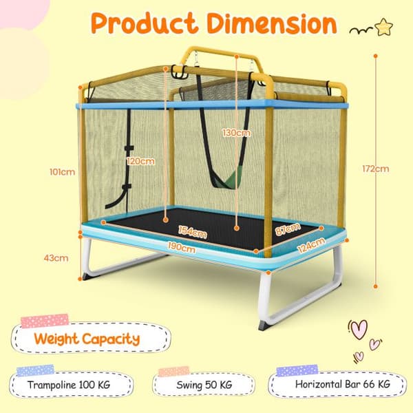 Børne trampolin med sikkerhedsnet og vandret stang, 190x124x172 cm, Gul