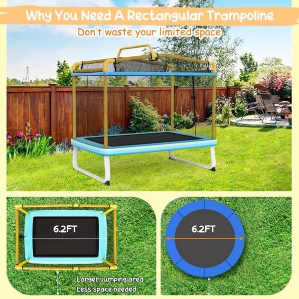 Børne trampolin med sikkerhedsnet og vandret stang, 190x124x172 cm, Gul