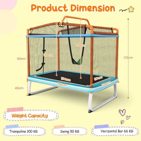 Børne trampolin, 190x124x172 cm, Orange