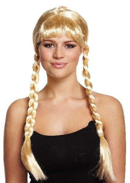 Lang blond parykk med fletter voksenstørrelse blond