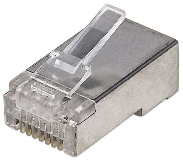 Intellinet RJ45 modulære stik, Cat5e, STP, 3-benet, til massiv ledning, 15 µ forgyldte kontakter, 100 stk.