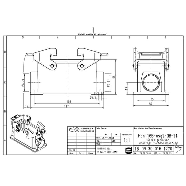 Hylskontakthus Han® 16B-asg2-QB-21 09300161270 Harting 1 st